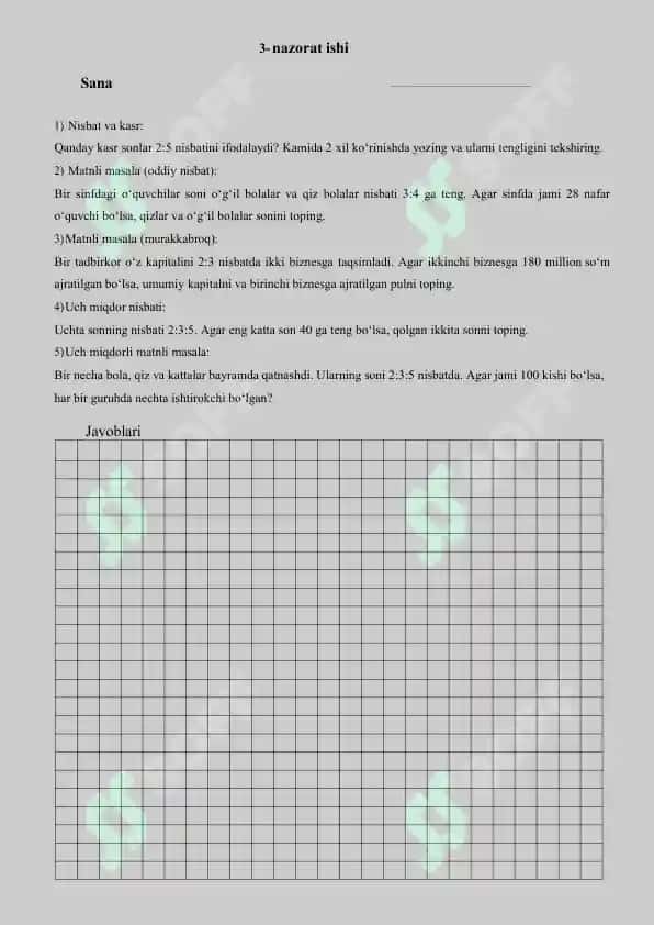 6-sinf Matematika Nazorat ishi 2025-2026-yil uchunmaxsus yangi darslikdan 7