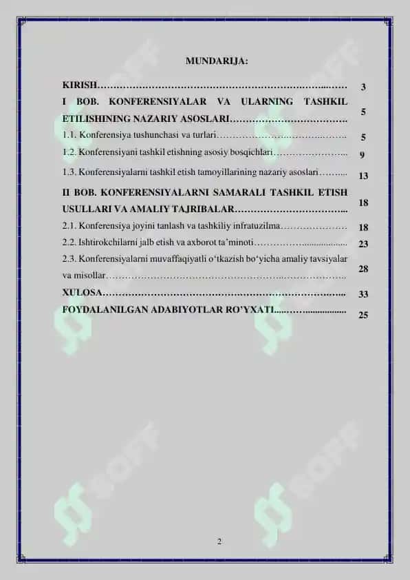 Konferensiyalarni tashkil etish tamoyillari Kurs ishi 2