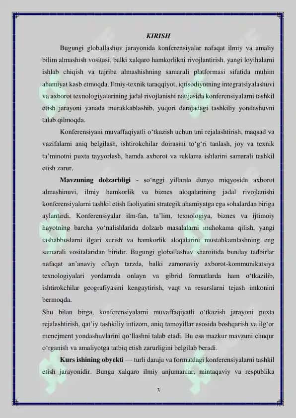 Konferensiyalarni tashkil etish tamoyillari Kurs ishi 3