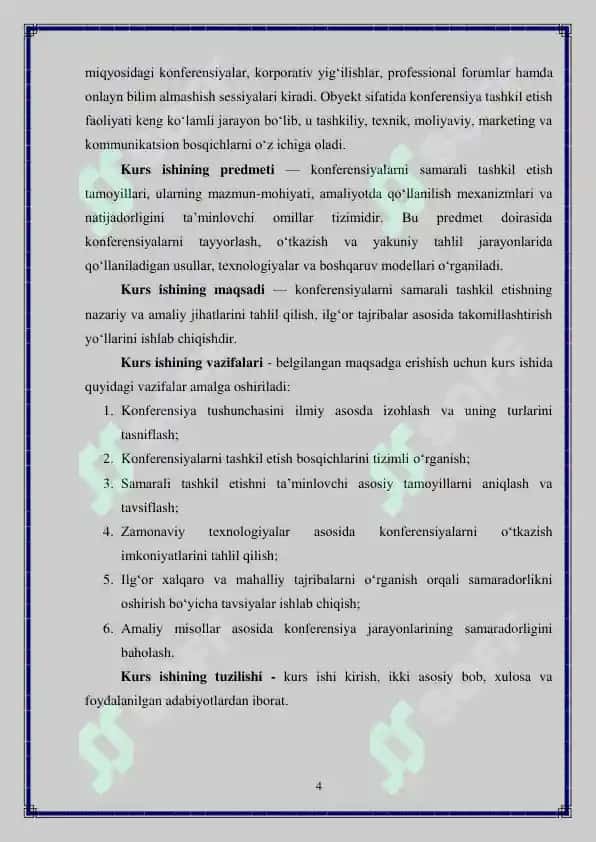 Konferensiyalarni tashkil etish tamoyillari Kurs ishi 4