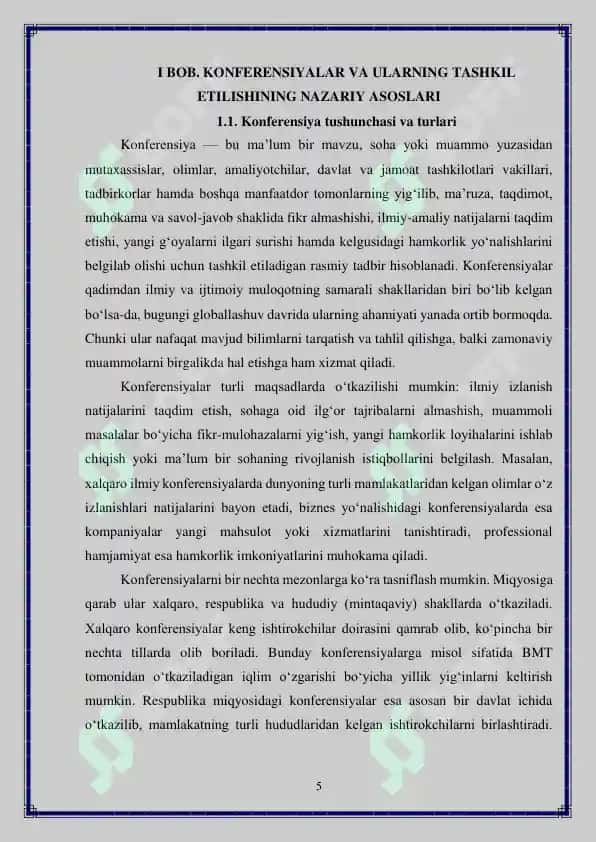 Konferensiyalarni tashkil etish tamoyillari Kurs ishi 5