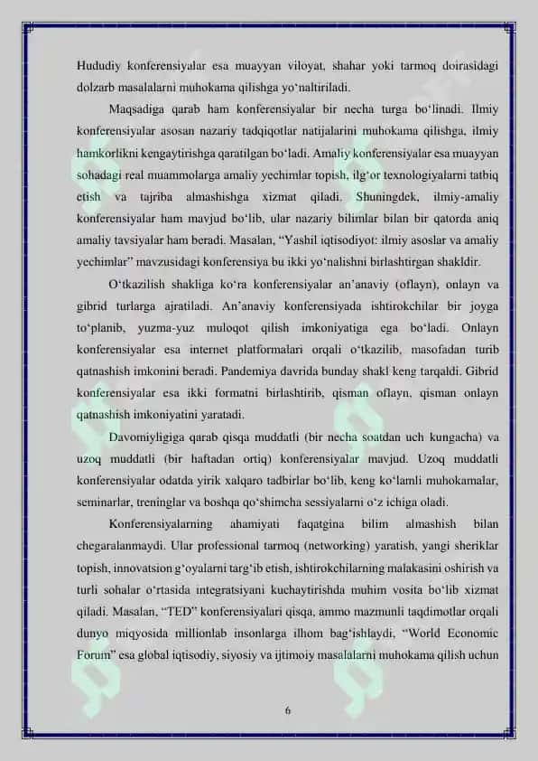 Konferensiyalarni tashkil etish tamoyillari Kurs ishi 6
