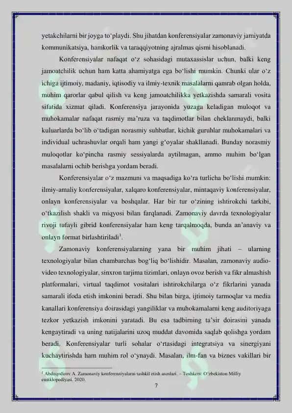 Konferensiyalarni tashkil etish tamoyillari Kurs ishi 7