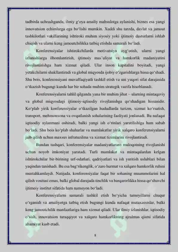 Konferensiyalarni tashkil etish tamoyillari Kurs ishi 8