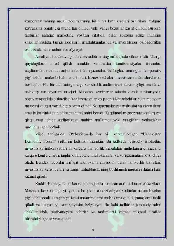 Biznes tadbirini o'tkazish jarayoni 6