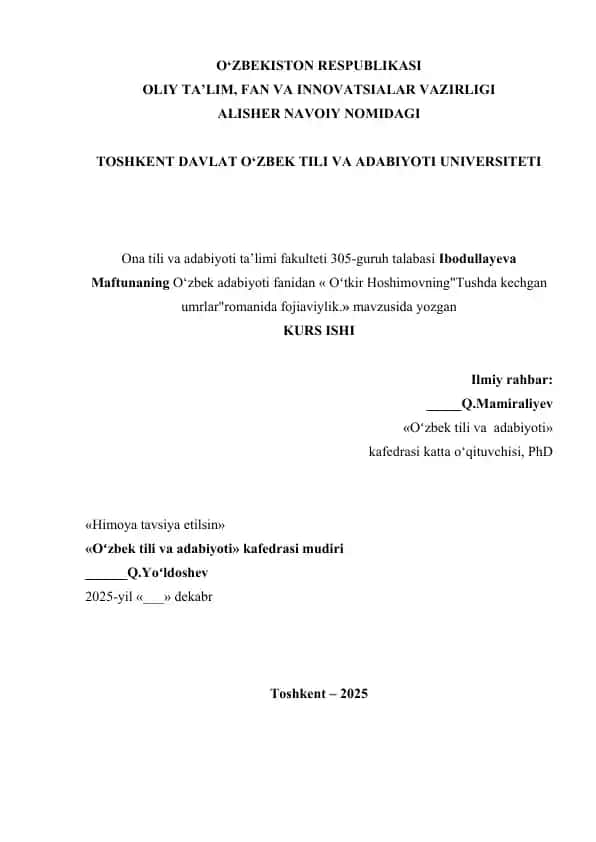 "Oʻtkir Hoshimovning 'Tushda kechgan umrlar' romanida fojiaviylik"