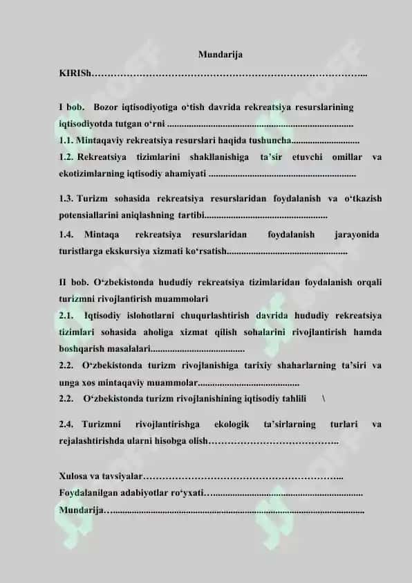 «Mintaqalarda rekreatsiya resurslari va turizmni rivojlantirishning dolzarb masalalari (Milliy iqtisodiyot misolida)» mavzusidagi bitiruv malakaviy ishi 2