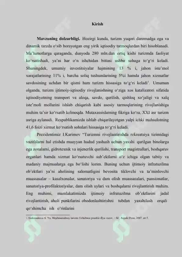 «Mintaqalarda rekreatsiya resurslari va turizmni rivojlantirishning dolzarb masalalari (Milliy iqtisodiyot misolida)» mavzusidagi bitiruv malakaviy ishi 3