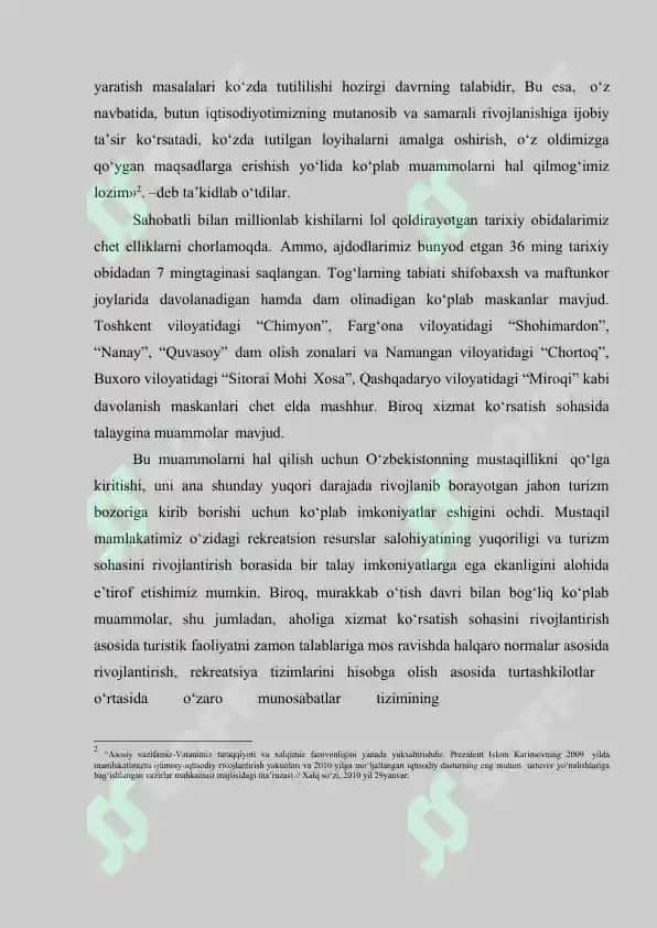 «Mintaqalarda rekreatsiya resurslari va turizmni rivojlantirishning dolzarb masalalari (Milliy iqtisodiyot misolida)» mavzusidagi bitiruv malakaviy ishi 4