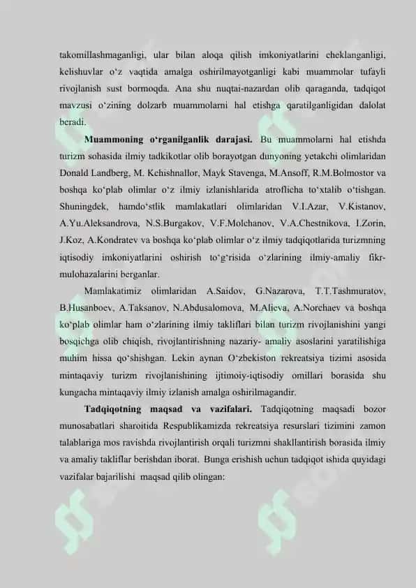 «Mintaqalarda rekreatsiya resurslari va turizmni rivojlantirishning dolzarb masalalari (Milliy iqtisodiyot misolida)» mavzusidagi bitiruv malakaviy ishi 5