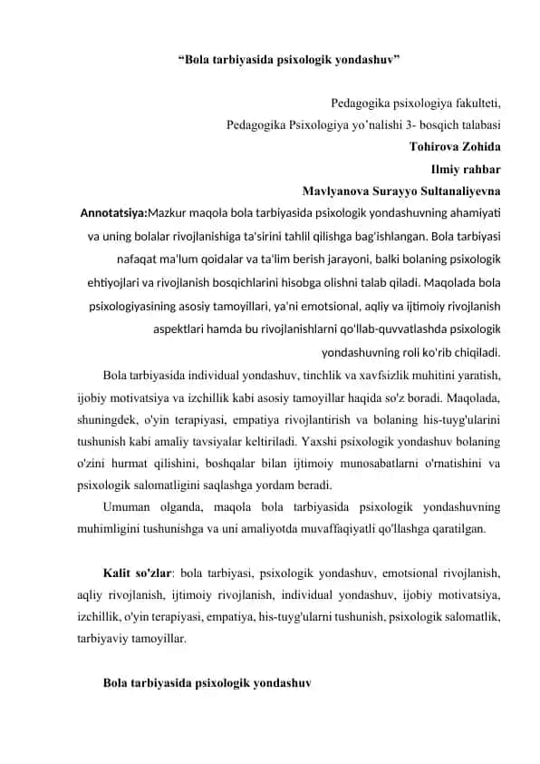 Bola tarbiyasida psixologik yondashuv 1