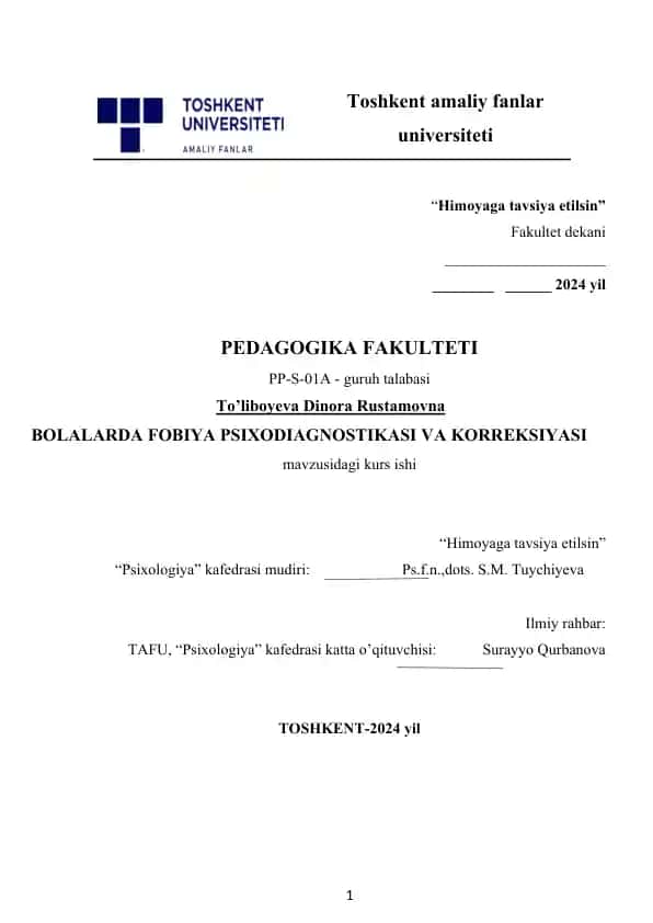 BOLALARDA FOBIYA PSIXODIAGNOSTIKASI VA KORREKSIYASI