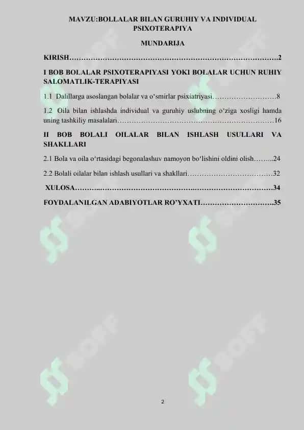 Bollalar bilan guruhiy va individual psixoterapiya kurs ishi 2
