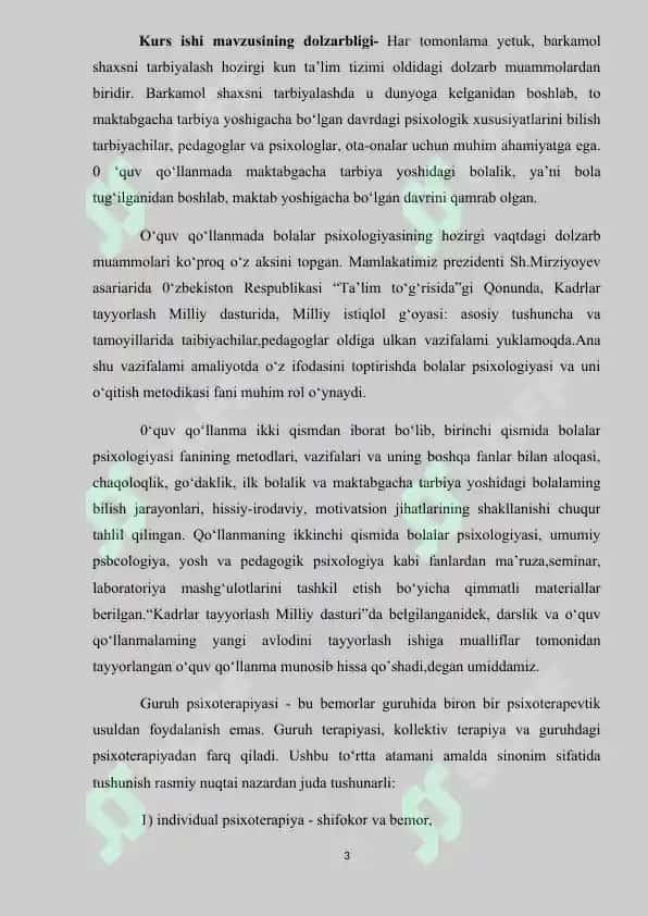 Bollalar bilan guruhiy va individual psixoterapiya kurs ishi 3
