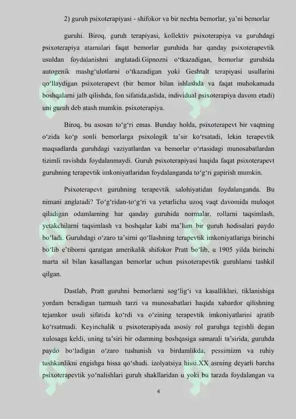 Bollalar bilan guruhiy va individual psixoterapiya kurs ishi 4
