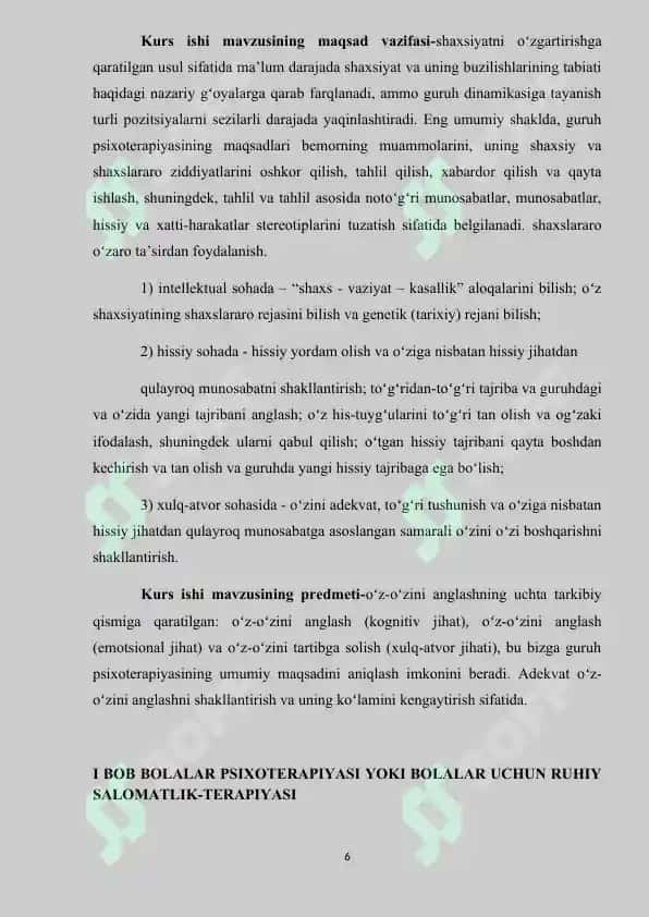 Bollalar bilan guruhiy va individual psixoterapiya kurs ishi 6