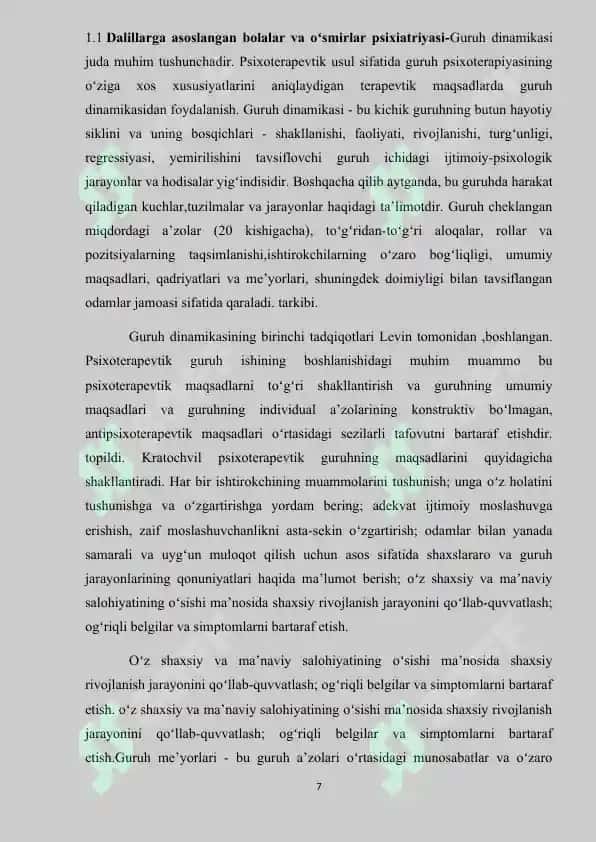 Bollalar bilan guruhiy va individual psixoterapiya kurs ishi 7