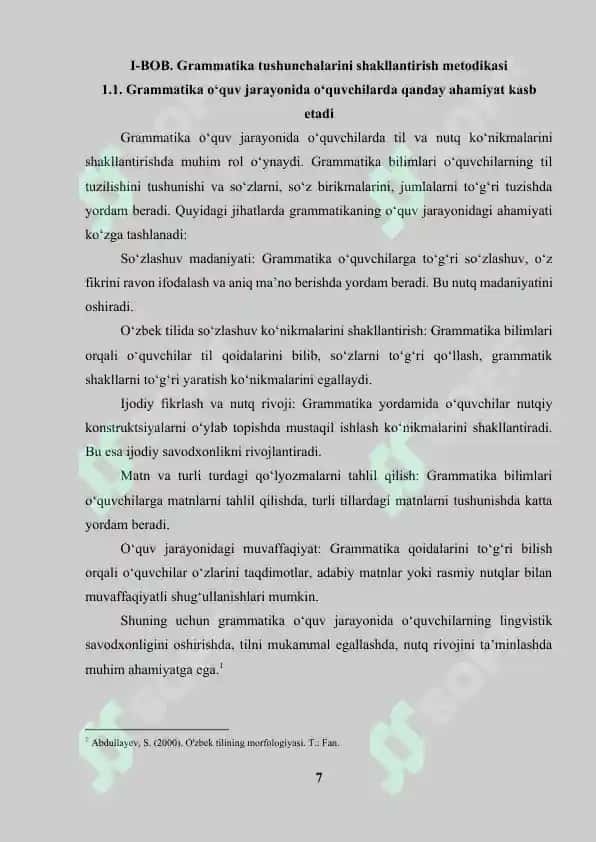 O‘quvchilarda grammatika va so‘z yasalishiga oid tushunchalarni shakllantirishning metodik asoslari 7