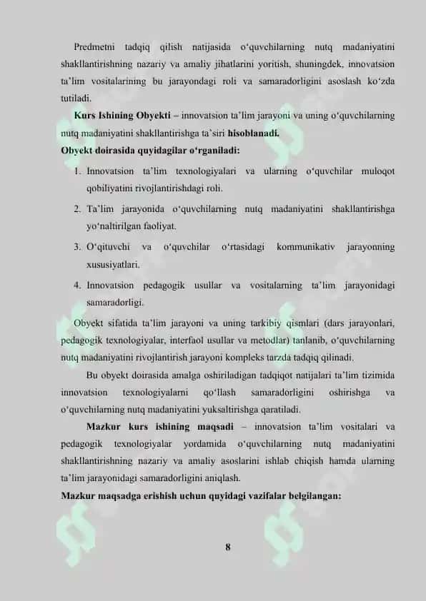 "Ona tilini oʻqitish metodikasi" 8