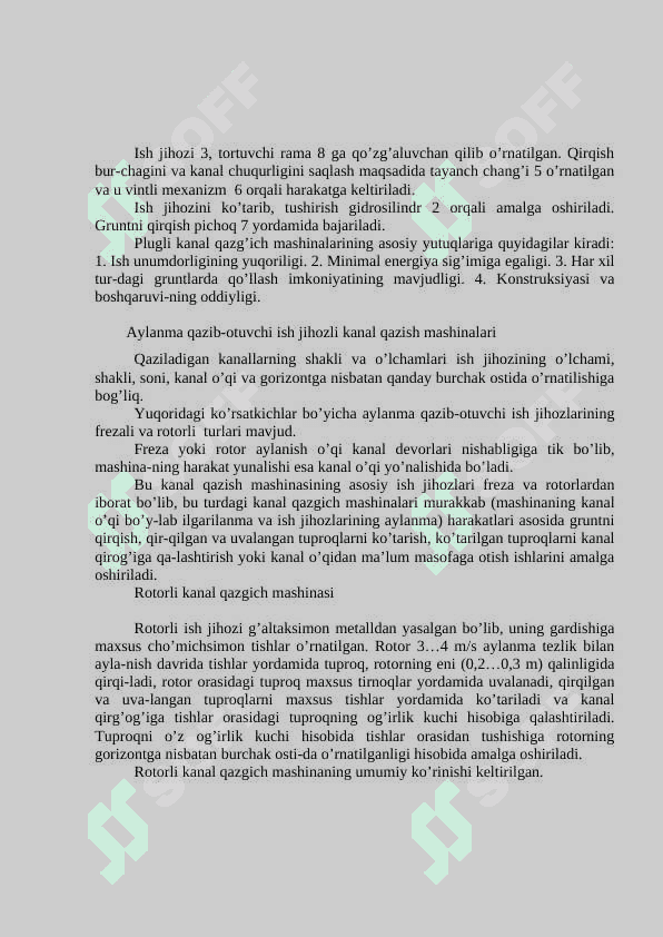 Kanal qazgichlar va kanal tozalash mashinalari. Kanal qazgichlarning vazifasi va ularni turkumlash. Kanal qazgichlarni ishga tayorlash 5
