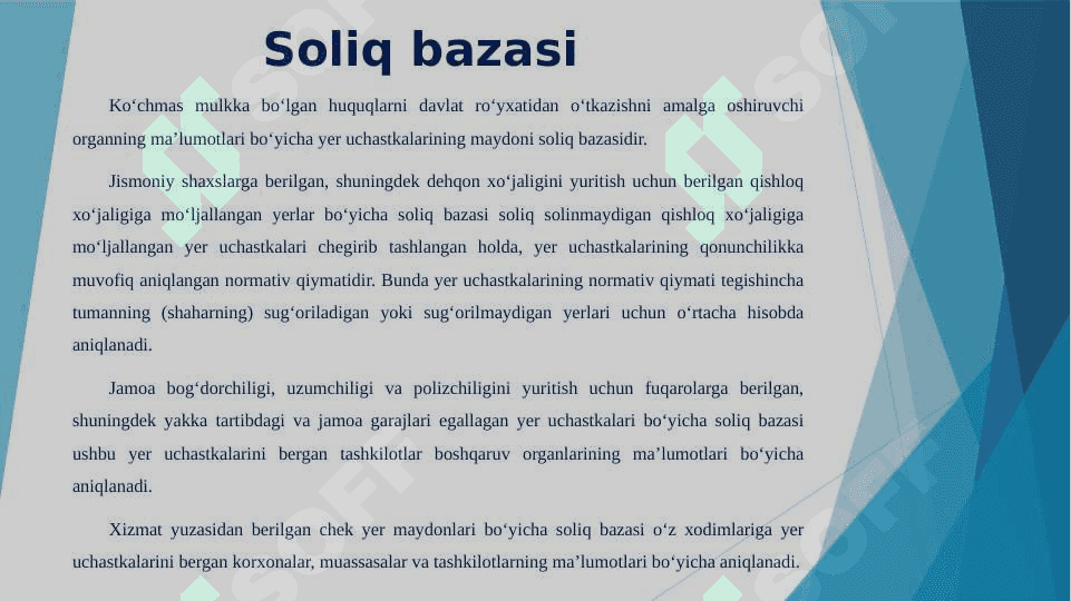 Yuridik  va jismoniy shaxslardan olinadigan mol-mulk solig‘i va ularning soliq solish obyektlari  va bazalari 8