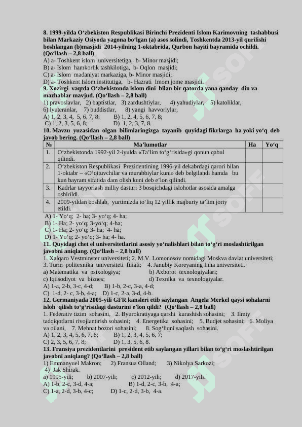 11-sinf O'zbekiston va jahon tarixi test javoblari bilan 2
