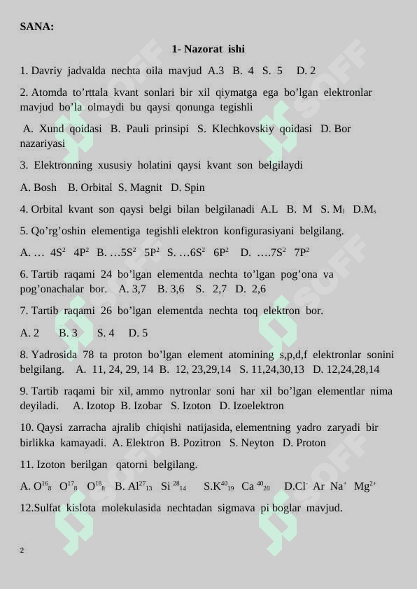 11-sinf nazorat ishi kimyo 2024 2