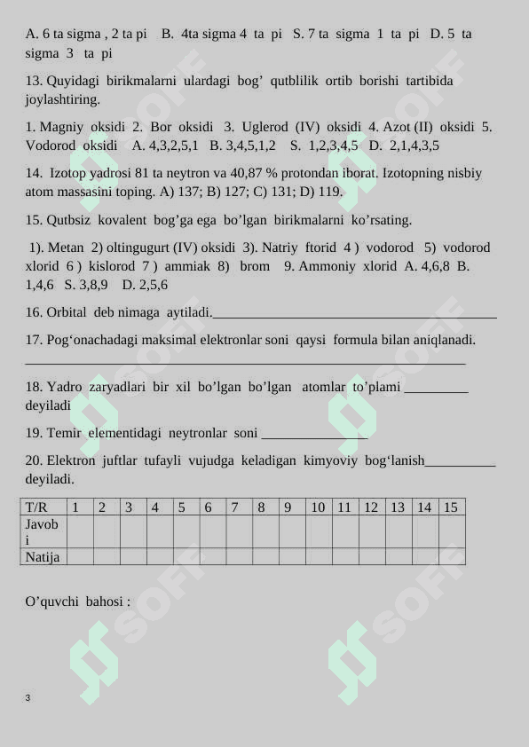 11-sinf nazorat ishi kimyo 2024 3