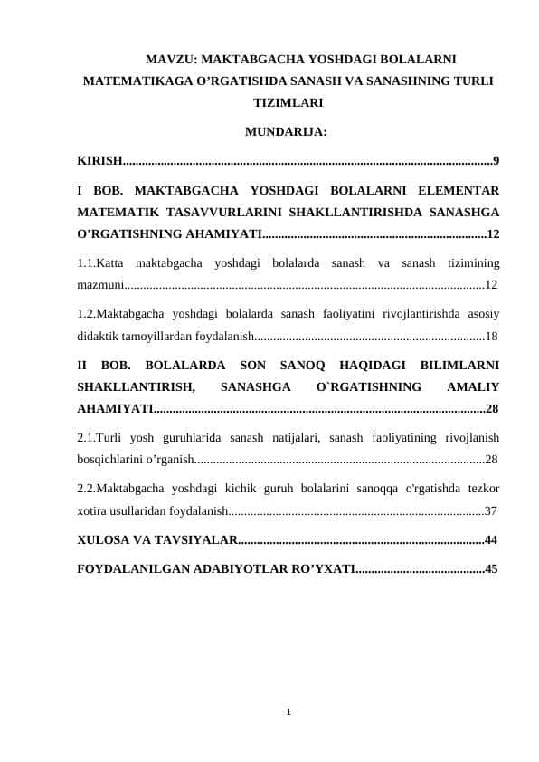MAKTABGACHA YOSHDAGI BOLALARNI MATEMATIKA OʻRGATISHDA SANASH VA SANASHNING TURLI TIZIMLARI 1