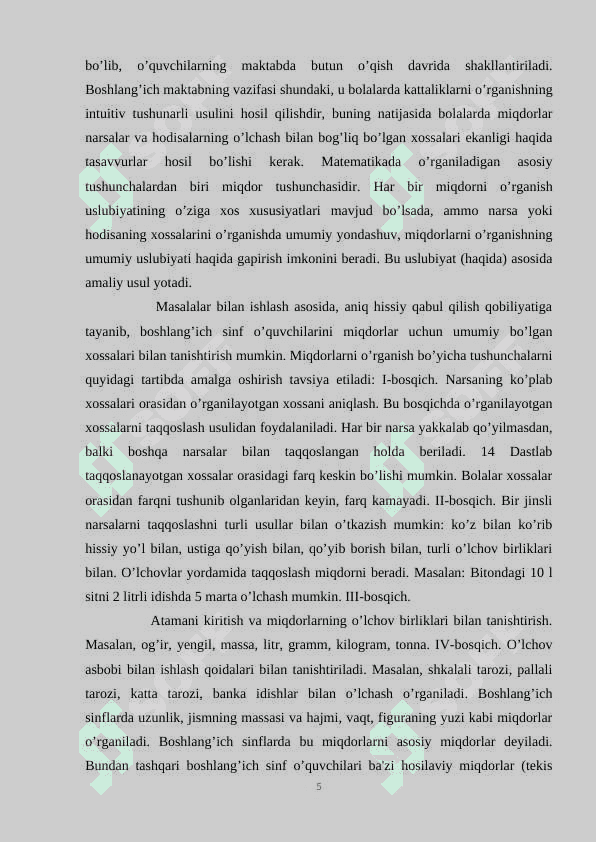 BOSHLANGʻICH SINF OʻQUVCHILARIGA MIQDORLARNI OʻRGATISH 5