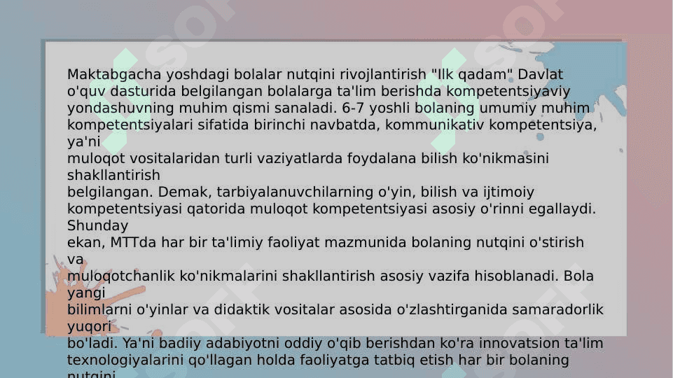Maktabgacha tarbiya yoshidagi bolalarda nutqva tafakkurni shakllanishining o’zaro munosabatlarining xususiyatlari 4