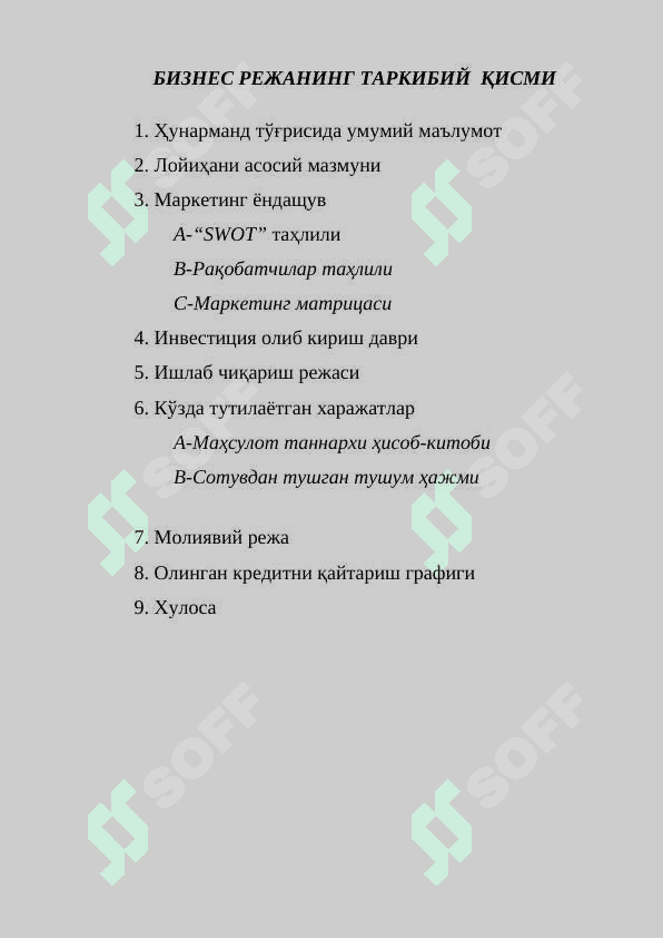 “Миллий пойабзаллар тайёрлаш” йўналиши бўйича  ишлаб чиқаришни ташкил  этиш мақсадида банкдан кредит  олиш учун тузилган BIZNES REJA 2