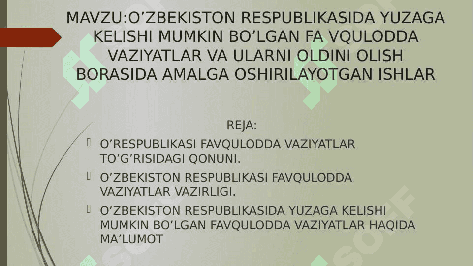O’ZBEKISTON RESPUBLIKASIDA YUZAGA KELISHI MUMKIN BO’LGAN FA VQULODDA VAZIYATLAR VA ULARNI OLDINI OLISH BORASIDA AMALGA OSHIRILAYOTGAN ISHLAR 2