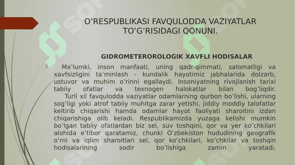 O’ZBEKISTON RESPUBLIKASIDA YUZAGA KELISHI MUMKIN BO’LGAN FA VQULODDA VAZIYATLAR VA ULARNI OLDINI OLISH BORASIDA AMALGA OSHIRILAYOTGAN ISHLAR 4