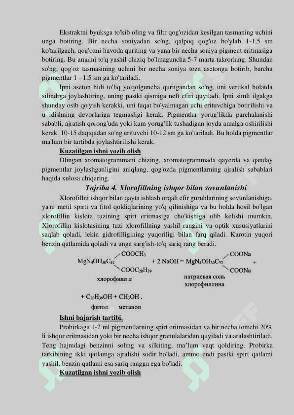 Xlorofil. Barg pigmentlarining kimyoviy xossalari 3