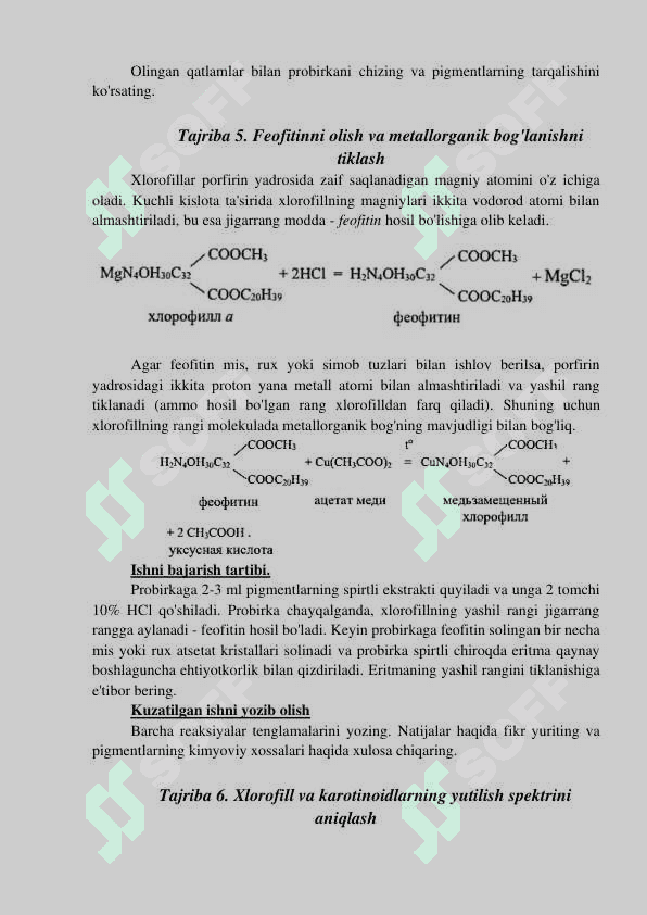 Xlorofil. Barg pigmentlarining kimyoviy xossalari 4