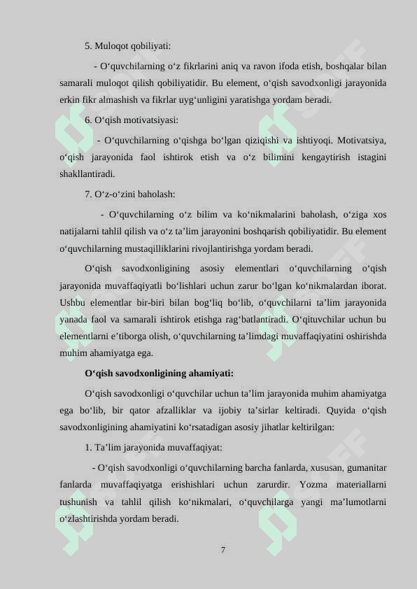 O‘qish savodxonligi darslarida nutq o‘stirish. O‘quvchilar bilimini hisobga olish 7