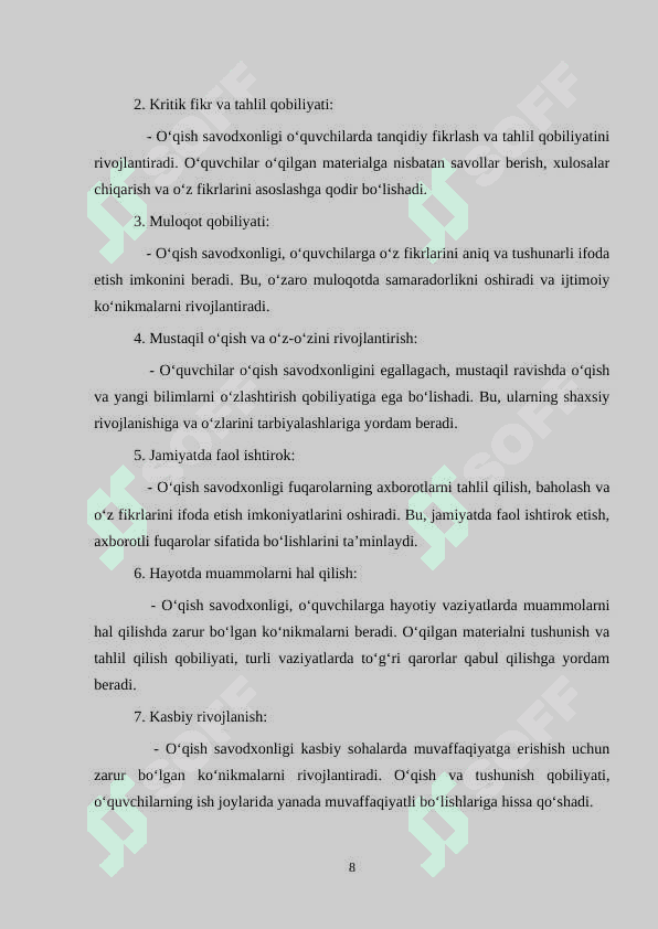 O‘qish savodxonligi darslarida nutq o‘stirish. O‘quvchilar bilimini hisobga olish 8