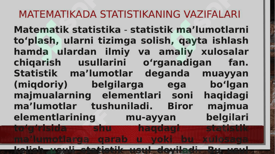 matematik statistikaning   vazifalari , tanlanmaning statistik taqsimoti statistik taqsimotning grafik tasviri 3
