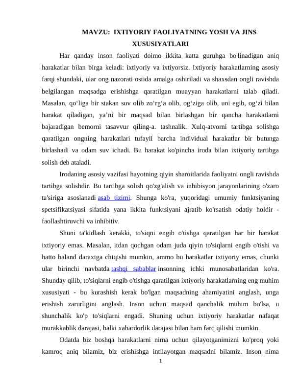 IXTIYORIY FAOLIYATNING YOSH VA JINS XUSUSIYATLARI