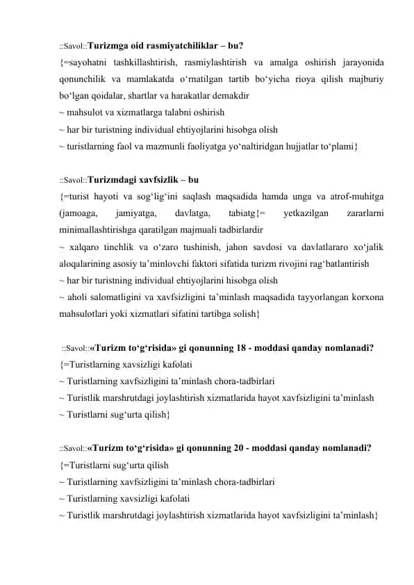 Turizmga oid test savollari javoblari bilan 1
