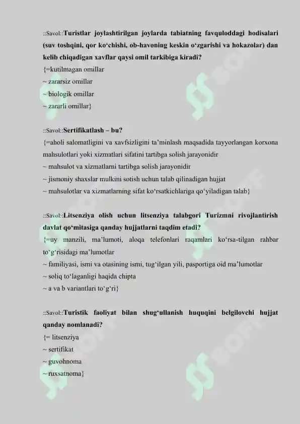 Turizmga oid test savollari javoblari bilan 2