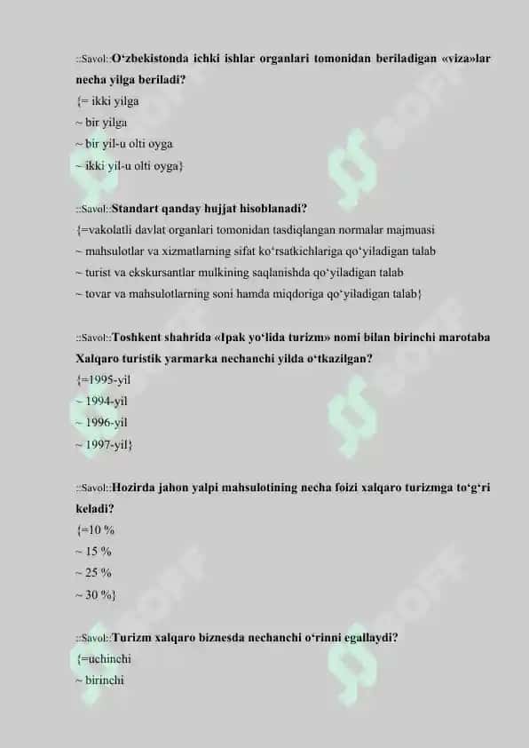 Turizmga oid test savollari javoblari bilan 3