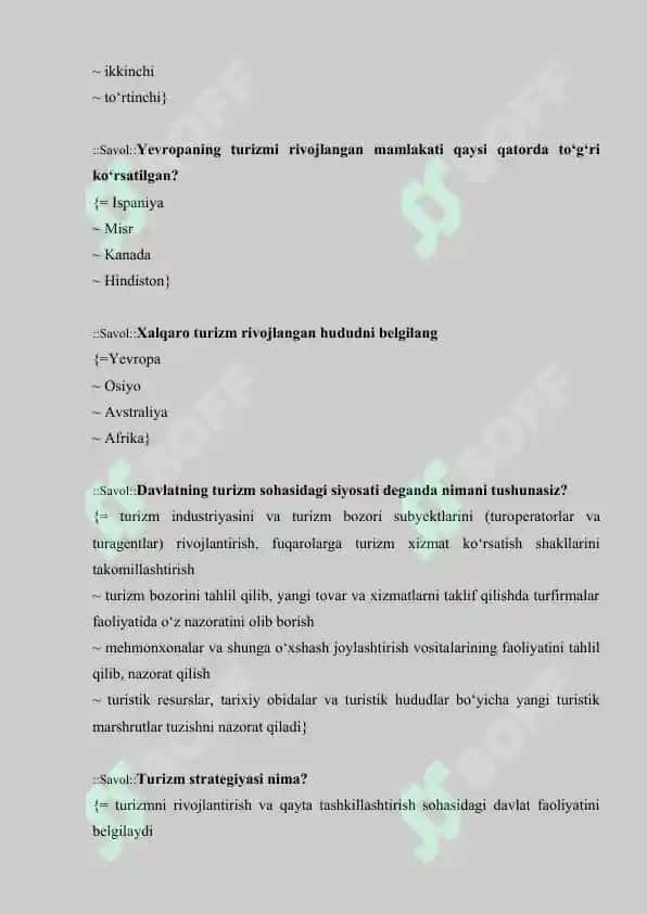 Turizmga oid test savollari javoblari bilan 4