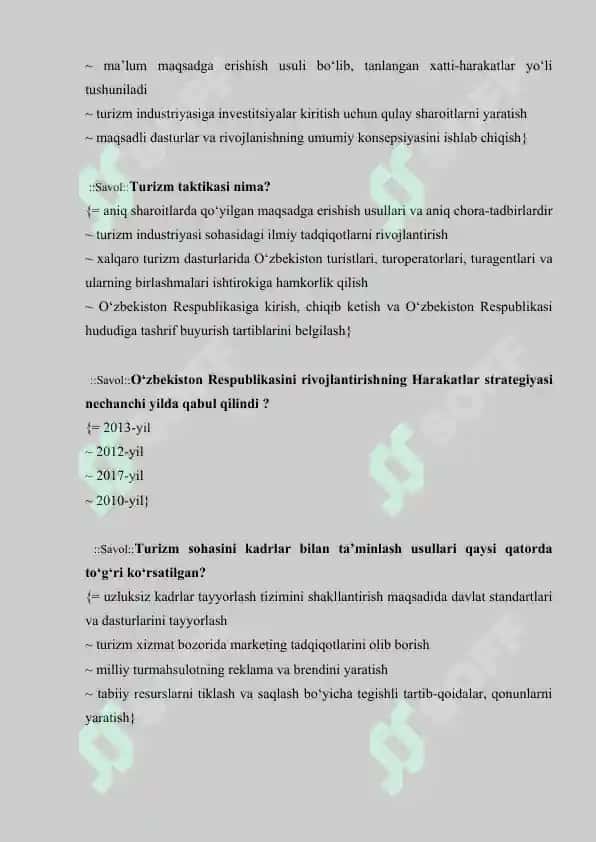 Turizmga oid test savollari javoblari bilan 5
