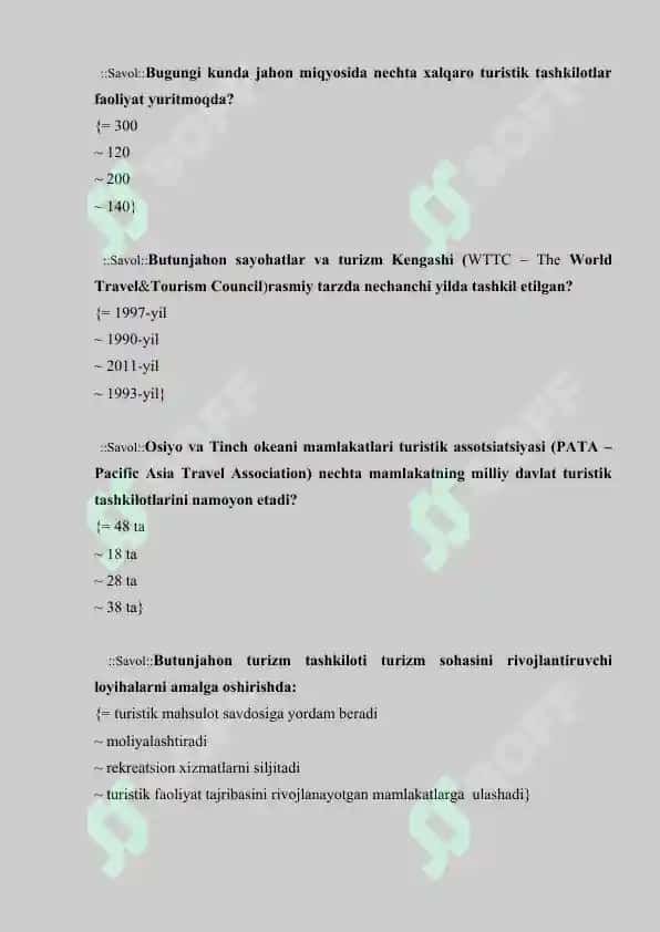 Turizmga oid test savollari javoblari bilan 6