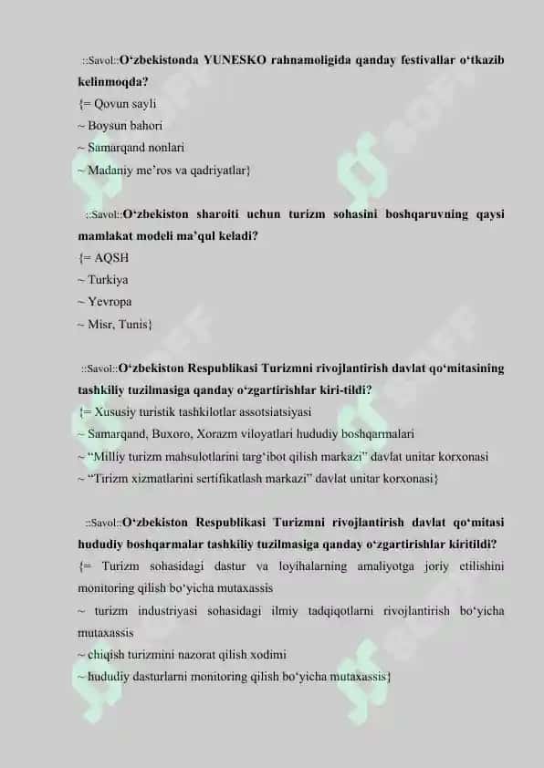 Turizmga oid test savollari javoblari bilan 7