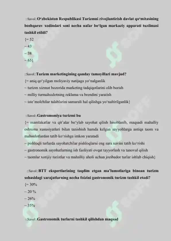 Turizmga oid test savollari javoblari bilan 8