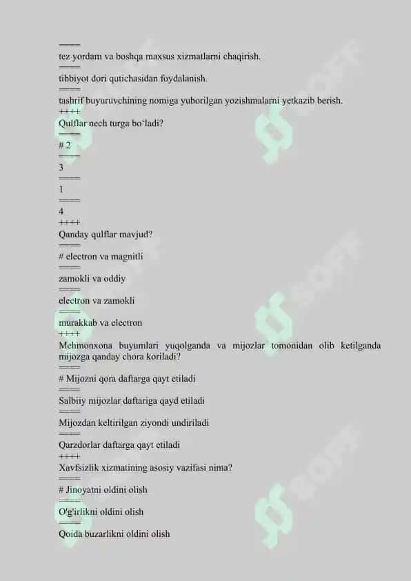Turizm va mehmonxonada xavfsizlikka oid yakuniy test savollari javoblari bilan 2