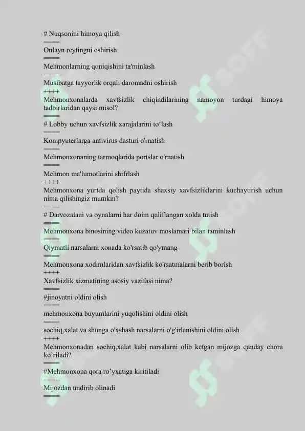 Turizm va mehmonxonada xavfsizlikka oid yakuniy test savollari javoblari bilan 5